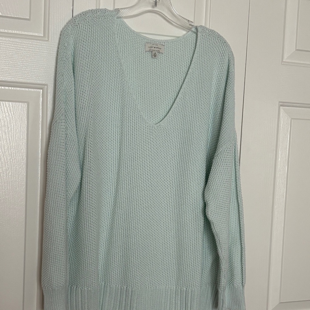 Pale Mint Pastel Lucky Brand Cotton-Blend Pullover V-Neck Sweater